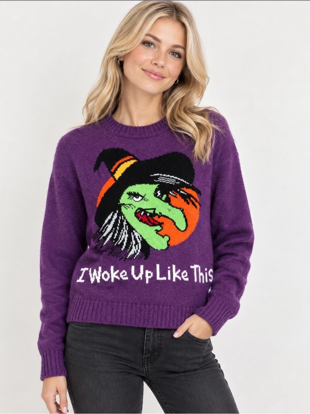 Halloween Witch Graphic Sweater - Purple” I woke up like this “ woman’s L